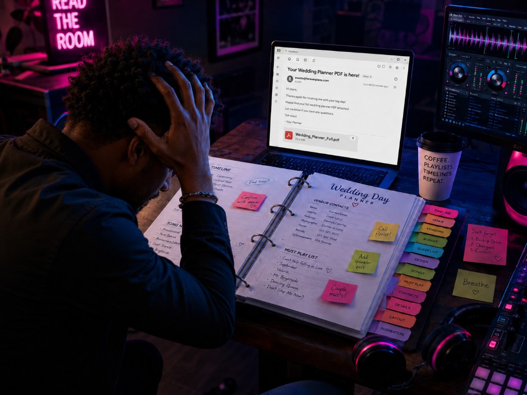 Stressed wedding DJ with hands on his head, copying details from a Wedding Planner PDF email into a handwritten binder surrounded by sticky notes and DJ gear