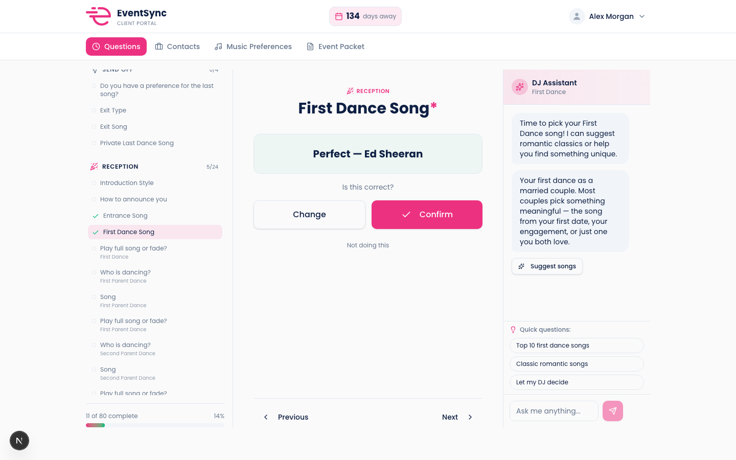 EventSync client portal first dance song picker with Spotify suggestions and DJ Assistant