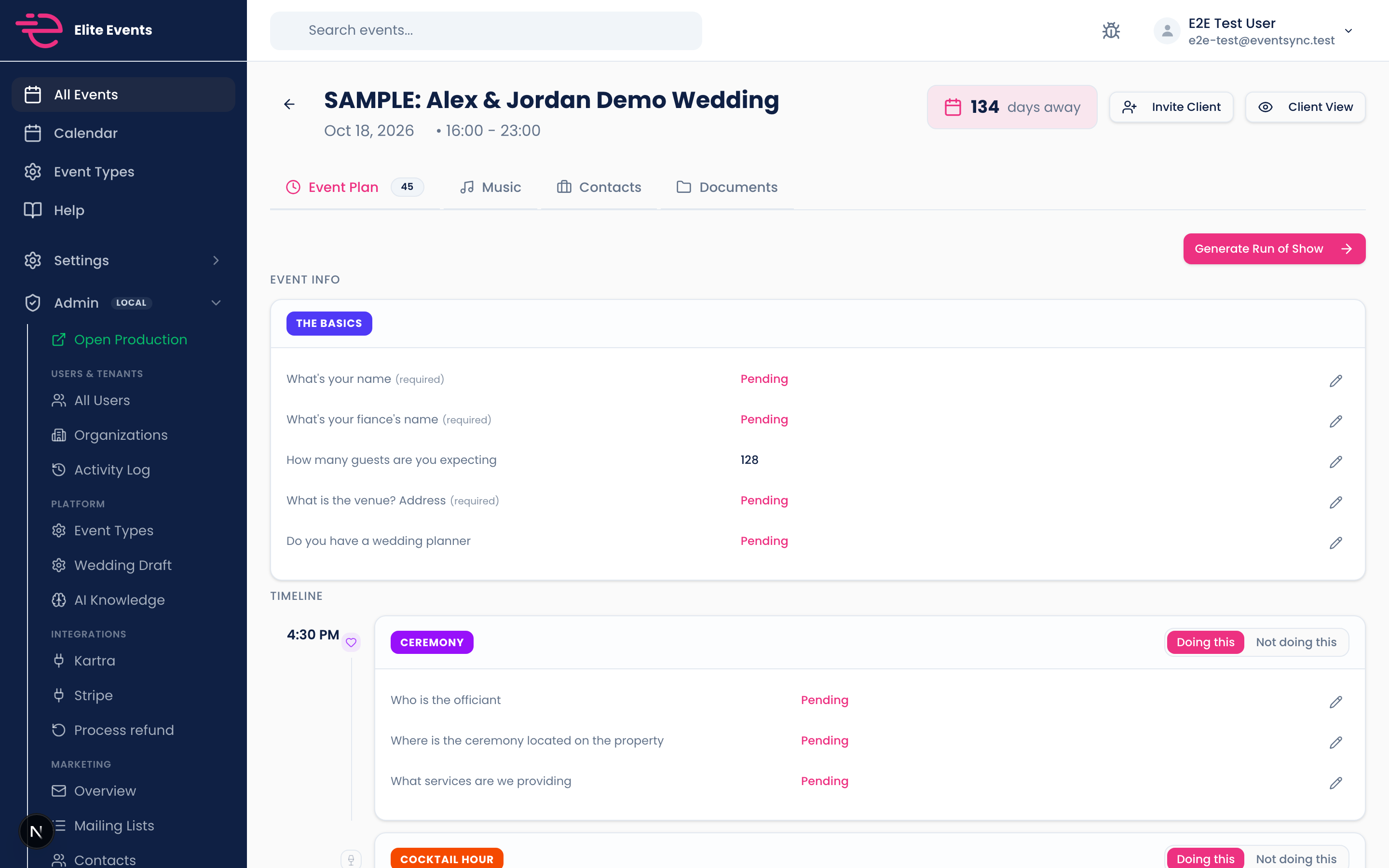 EventSync Event Plan tab with timeline rail and section cards