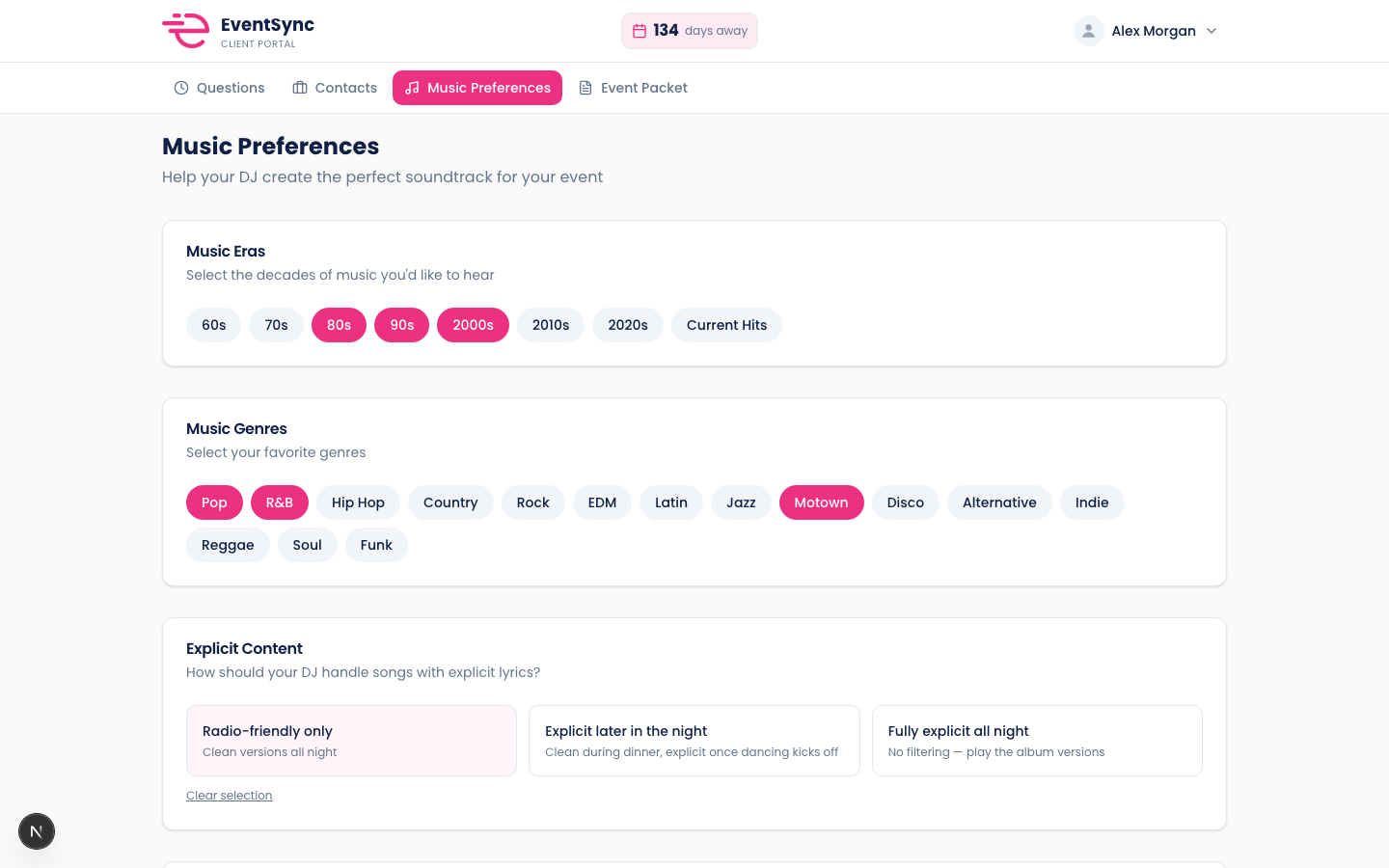 EventSync music preferences with Spotify song picker