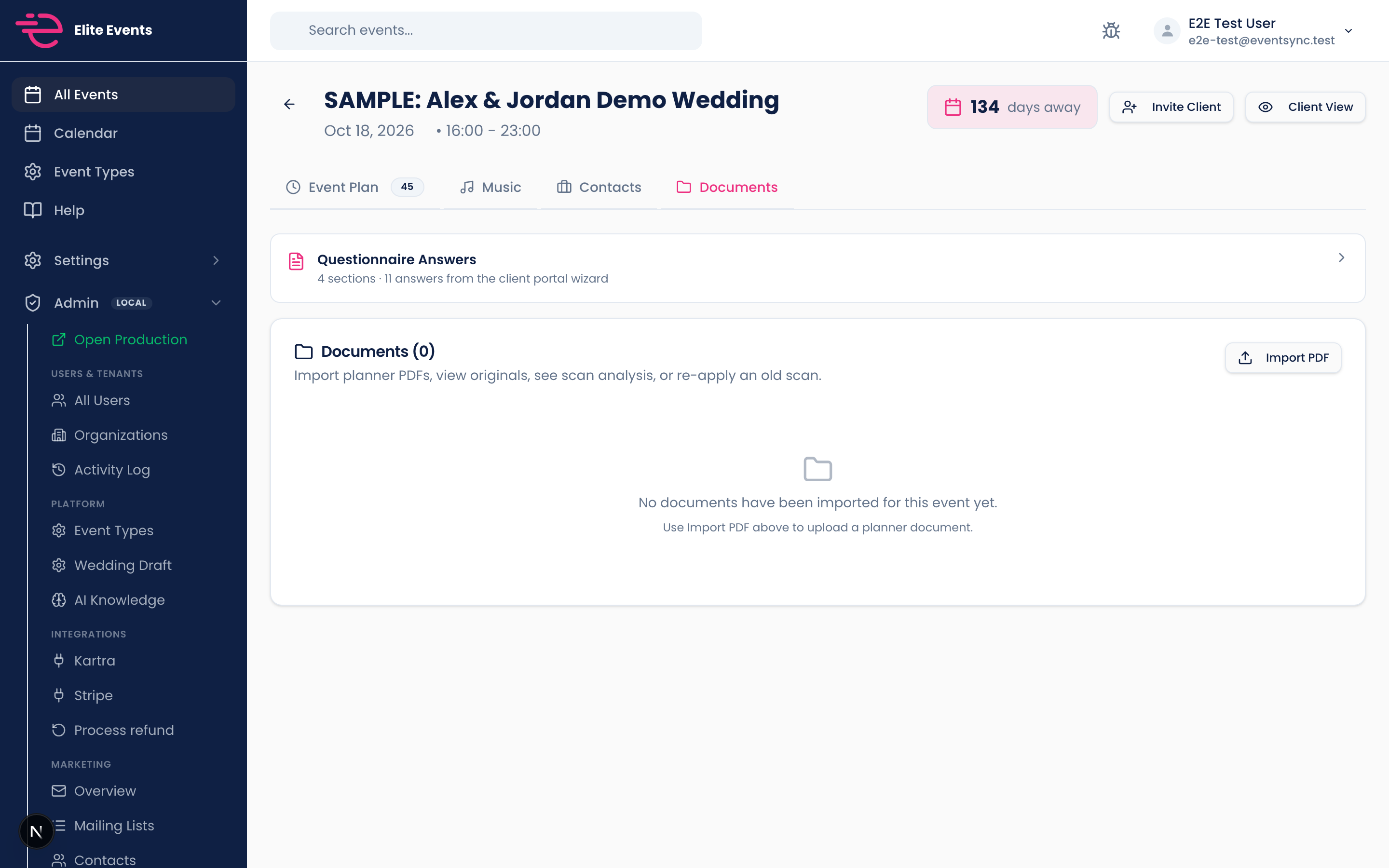 EventSync booking timeline with imported PDF moments