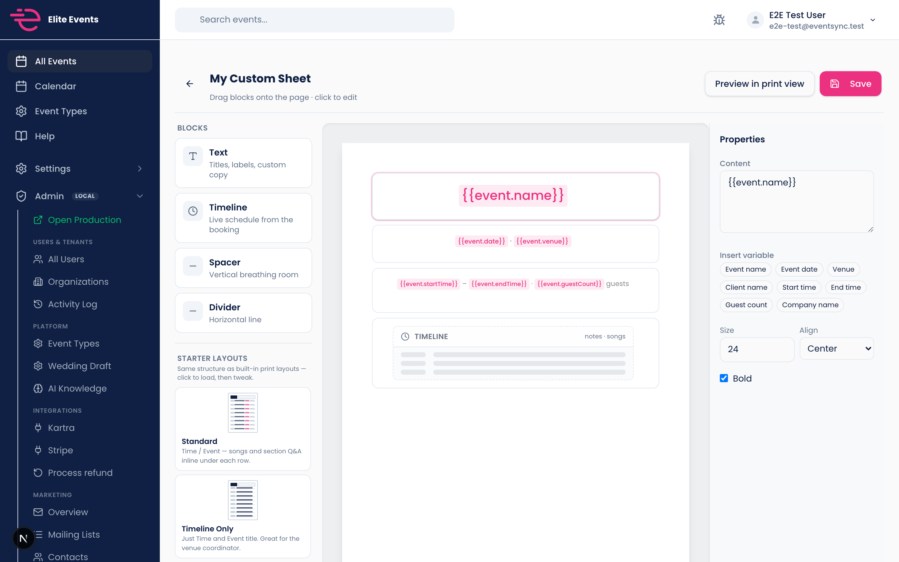 EventSync custom print template builder with blocks, canvas, and variable inspector