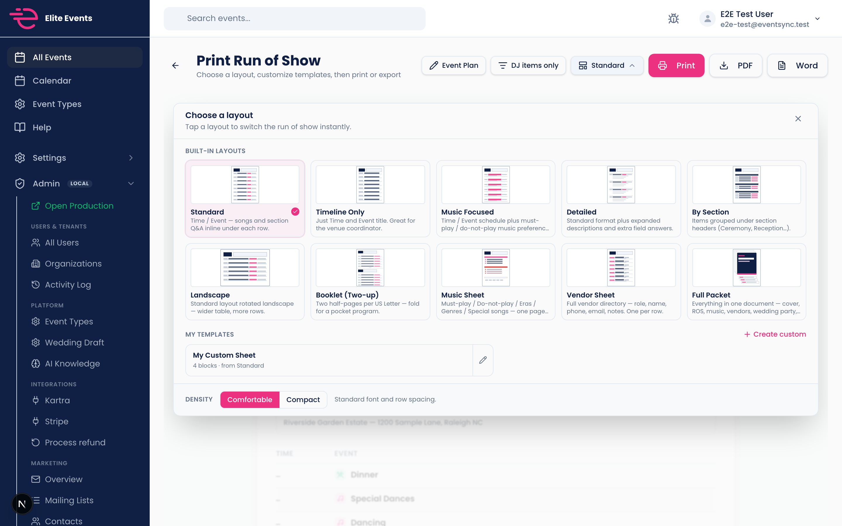EventSync print preview with layout picker and custom template options