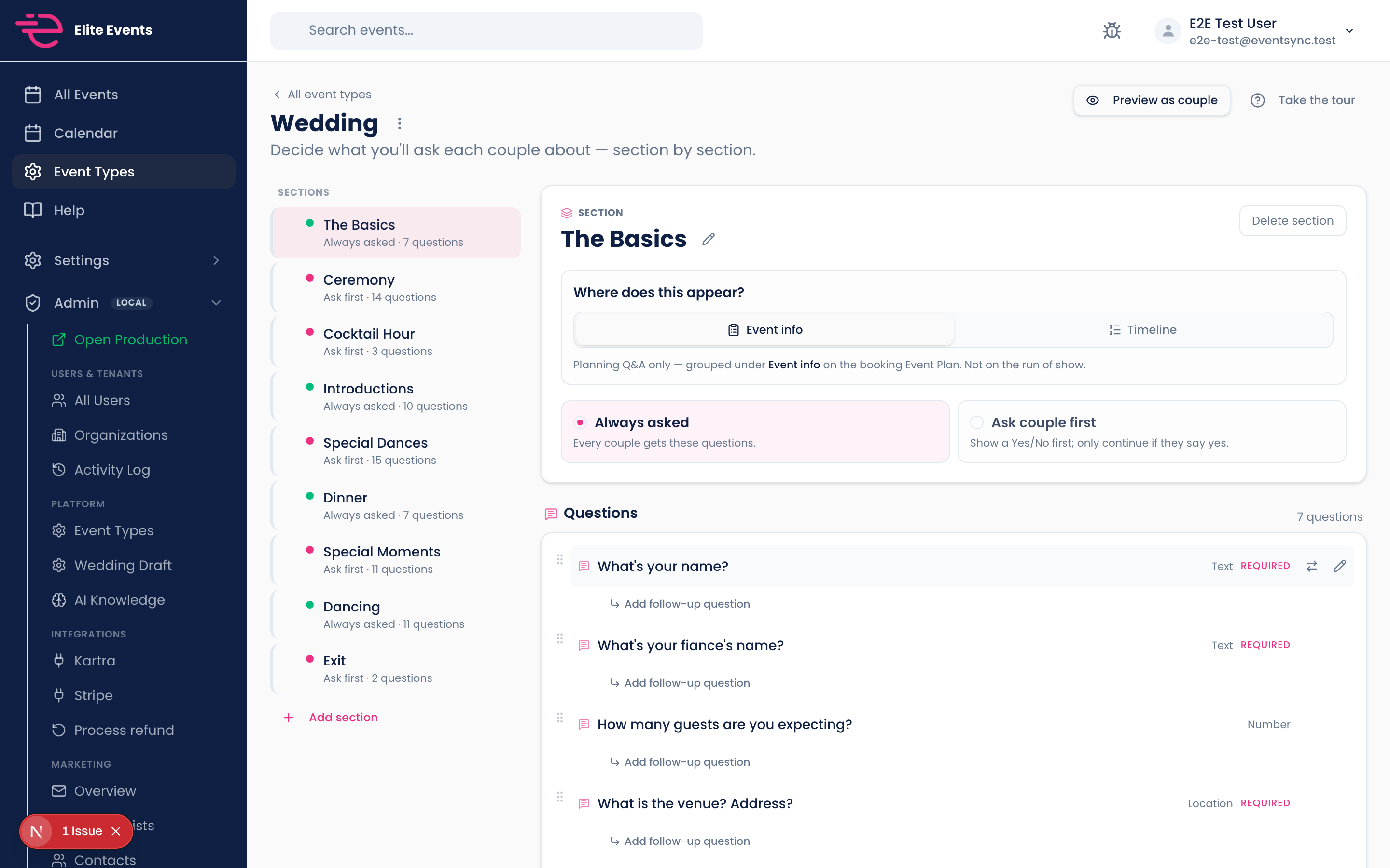EventSync event type editor with wedding sections and questions