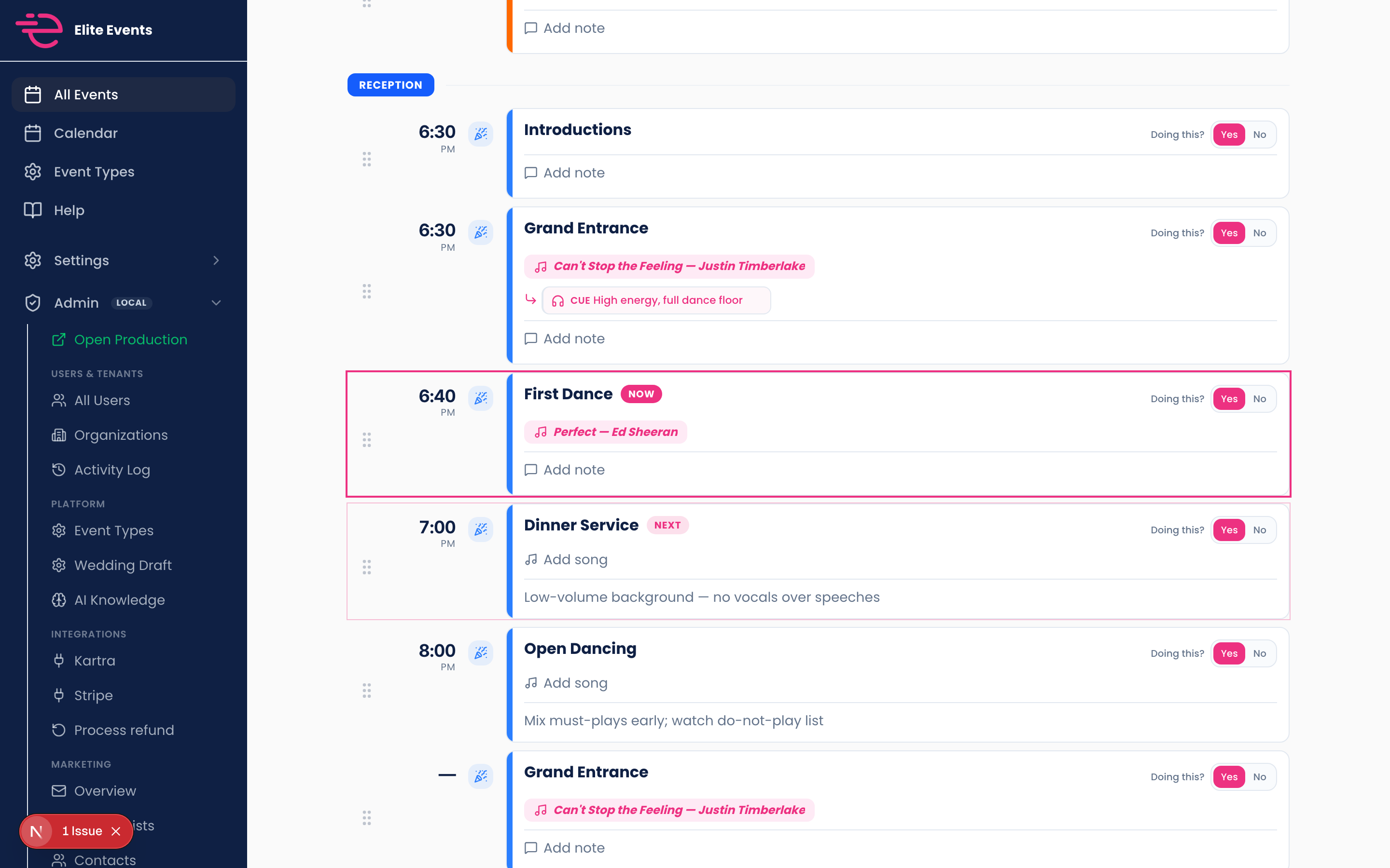 EventSync run of show with timeline rows, song pills, and print preview